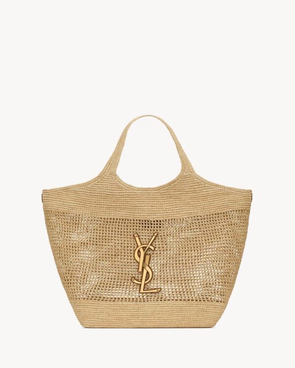 SAINT LAURENT ICARE IN RAFFIA NATUREL AND BROWN GOLD